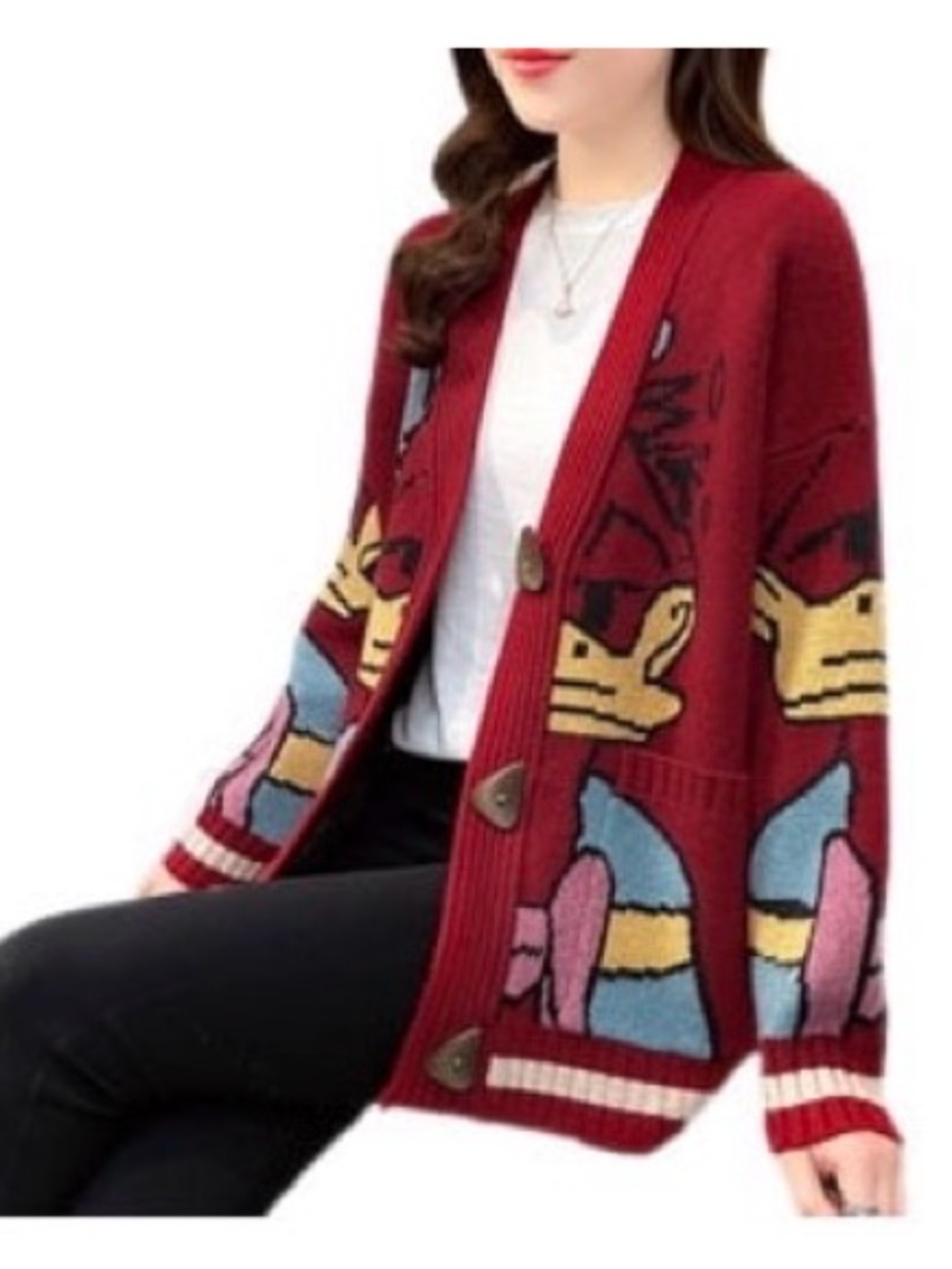Women's Red Graphic Button-Front Cardigan Sweater